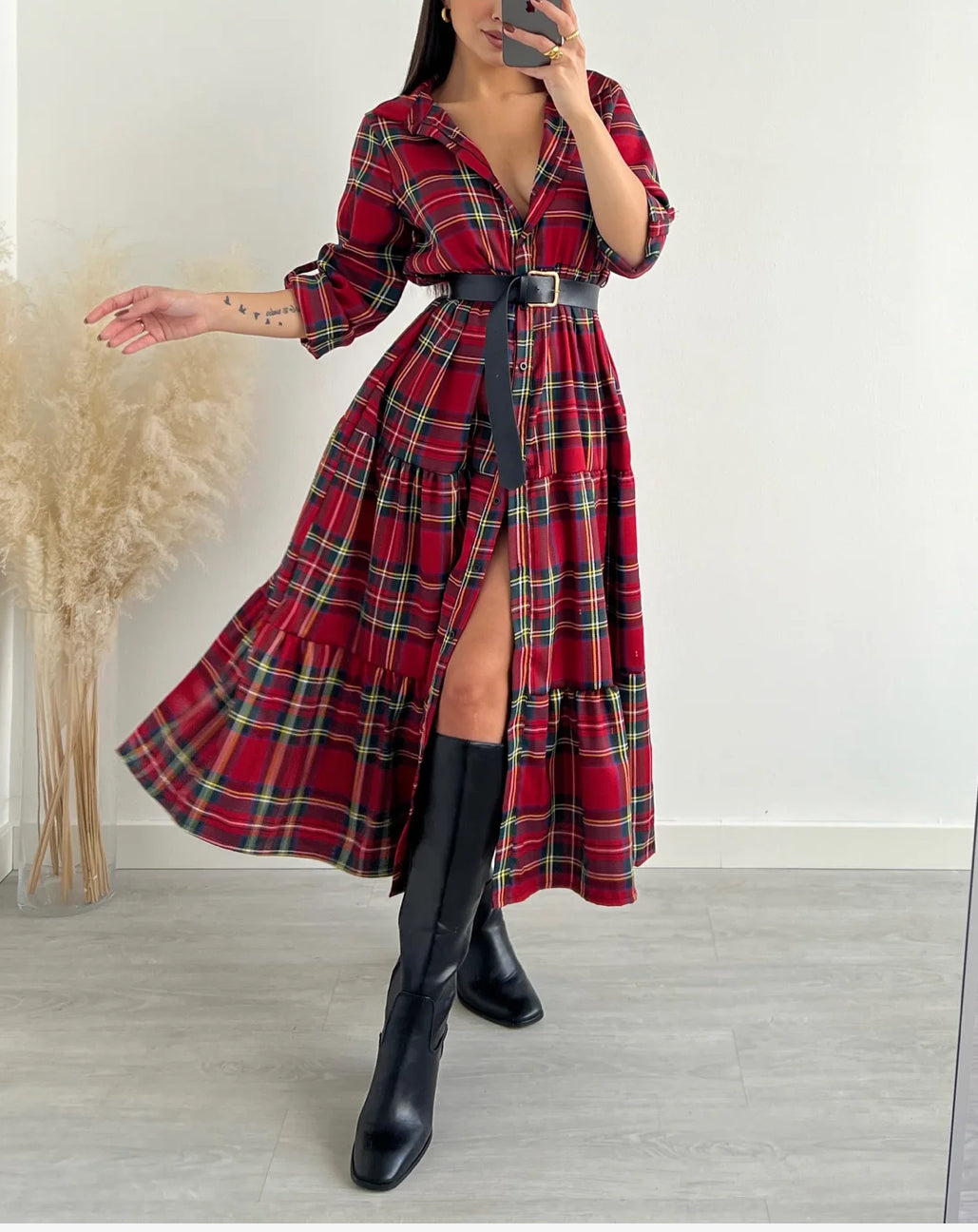 Abiti Chemisier Chemisier Lungo Dress Abito Tartan Rosso Donna