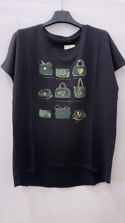 T-SHIRT LARGA NERA CON STAMPA BORSE