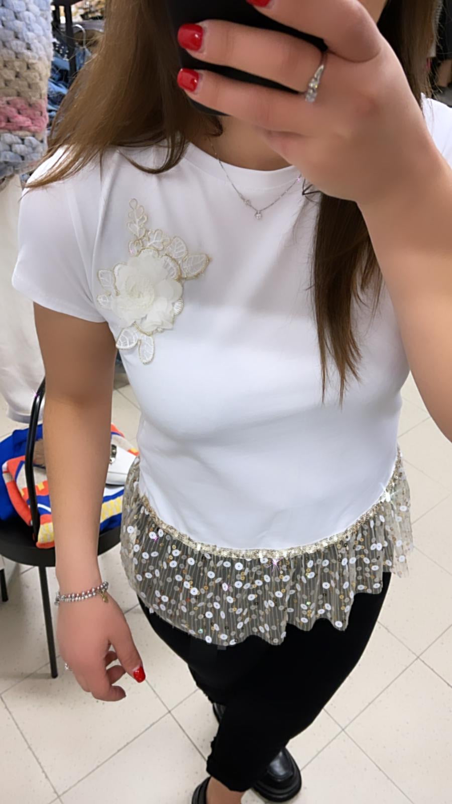 T SHIRT CON FONDO IN TULLE E PAILLETTES