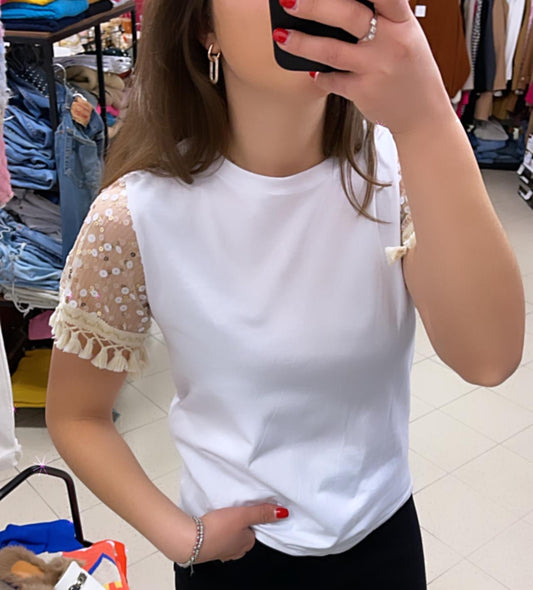 T SHIRT MANICA TULLE E NAPPINE